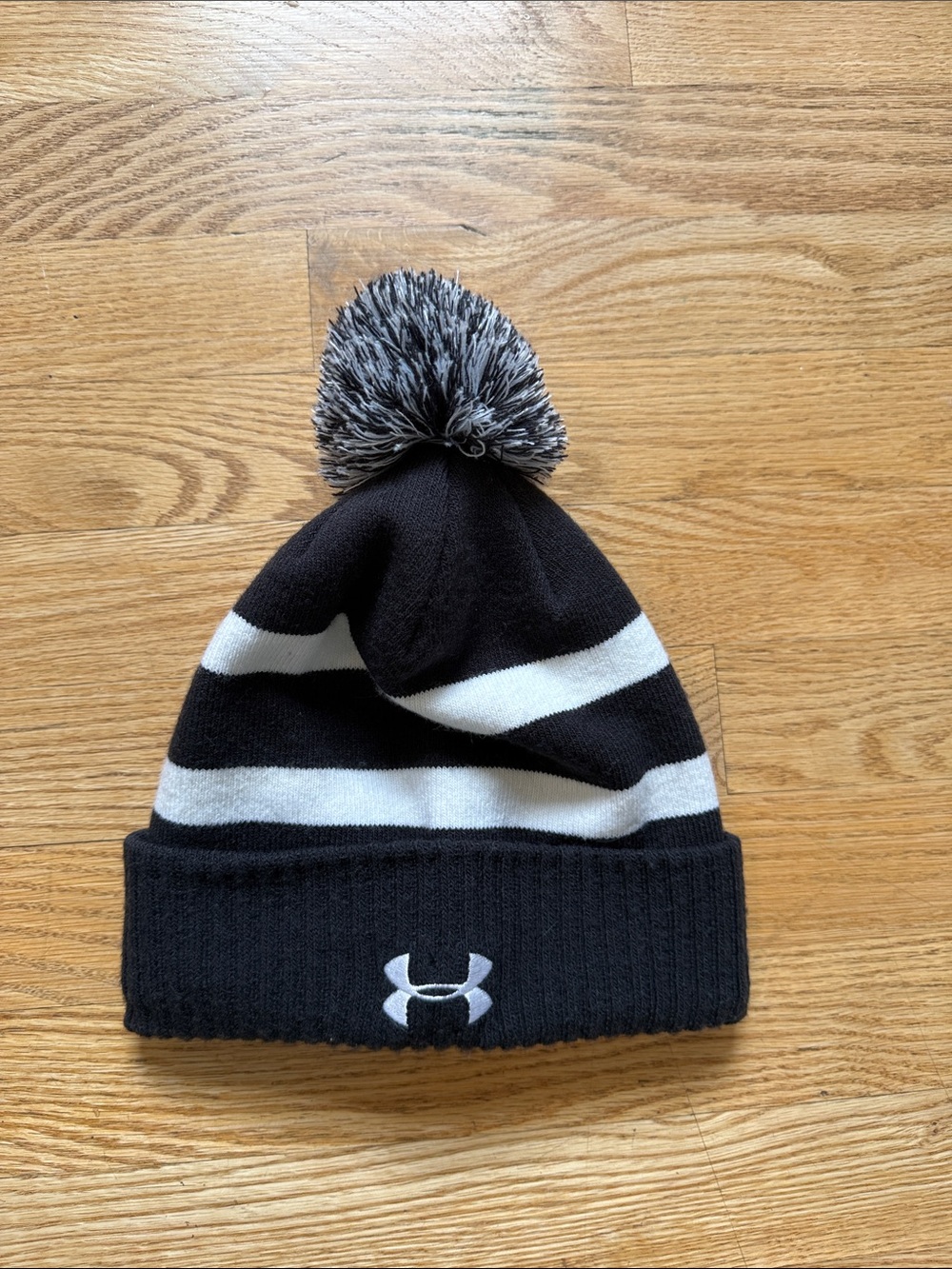 Under Armour Black and White Striped Pom Beanie